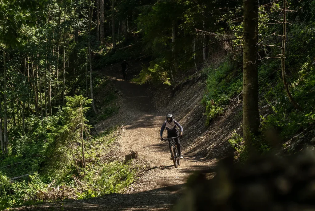 Rider percorre il trail Joker del Bike Arena Ravascletto, percorso rosso immerso nei boschi del Monte Zoncolan.